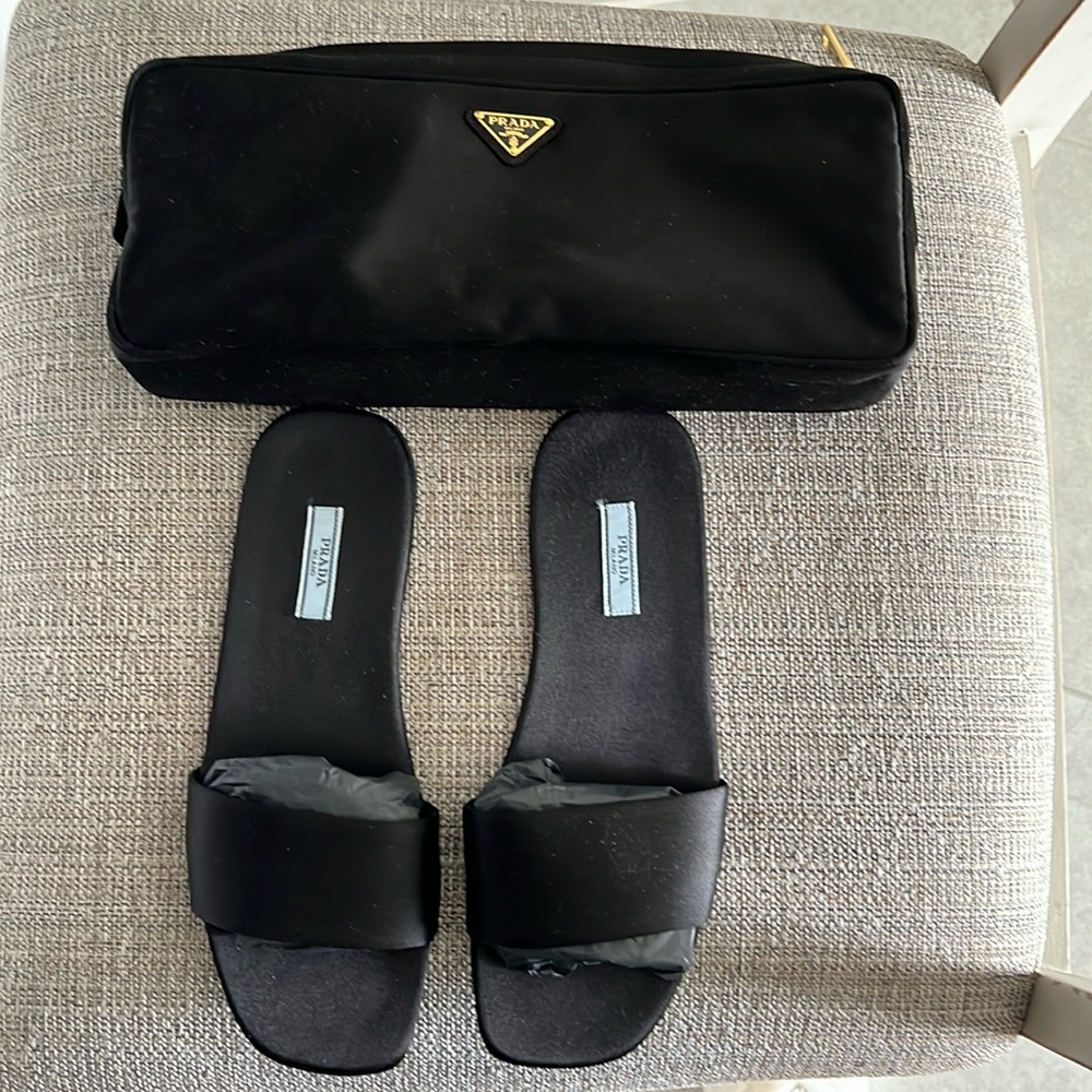 Prada slippers. Worn once indoor only for a fitting. Satin. Like new